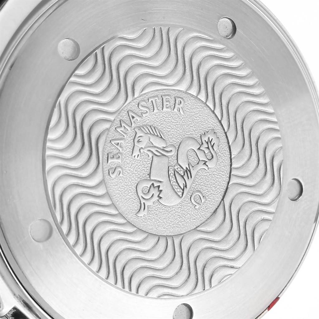 The image shows the engraved back case of an Omega Seamaster 2541.80.00 Men
s Stainless Steel Blue Dial 2541.80.00 Men
s Stainless Steel Blue Dial watch with its signature wavy pattern.