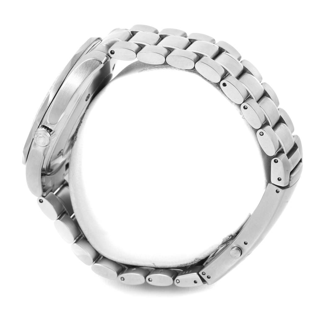 The image shows the Omega Seamaster 2264.50.00 Men
s Stainless Steel Black Dial 2264.50.00 Men
s Stainless Steel Black Dial watch from a side angle, highlighting its case, crown, and metal bracelet.