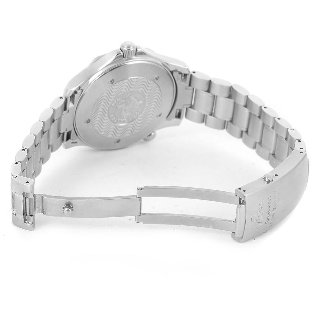 The image shows the back view of an Omega Seamaster 2264.50.00 Men
s Stainless Steel Black Dial 2264.50.00 Men
s Stainless Steel Black Dial watch, highlighting the open clasp and stainless steel bracelet.