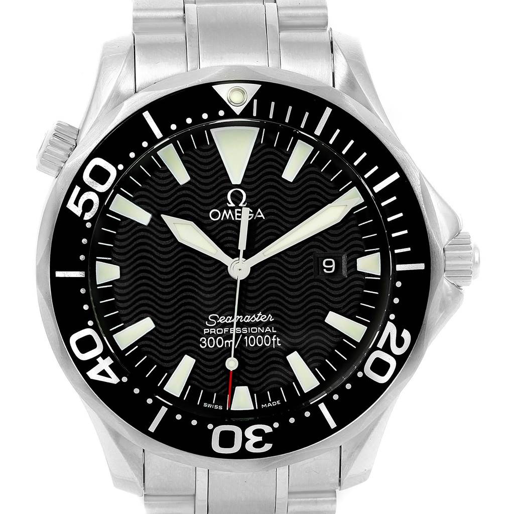 The image shows a front view of an Omega Seamaster 2264.50.00 Men
s Stainless Steel Black Dial 2264.50.00 Men
s Stainless Steel Black Dial watch, highlighting its dial, bezel, and part of the bracelet.