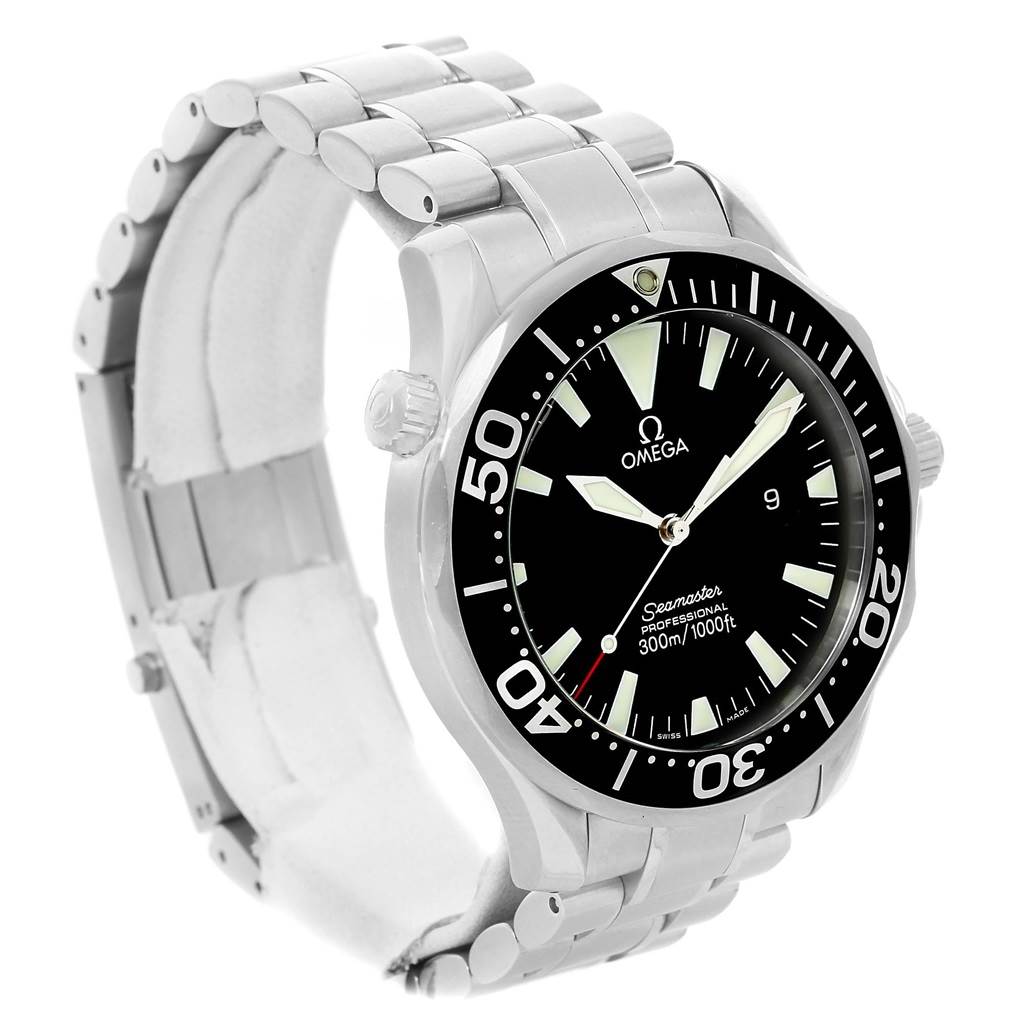 The Omega Seamaster 2264.50.00 Men
s Stainless Steel Black Dial 2264.50.00 Men
s Stainless Steel Black Dial watch is shown from a front-side angle, displaying its face, bezel, and metal bracelet.