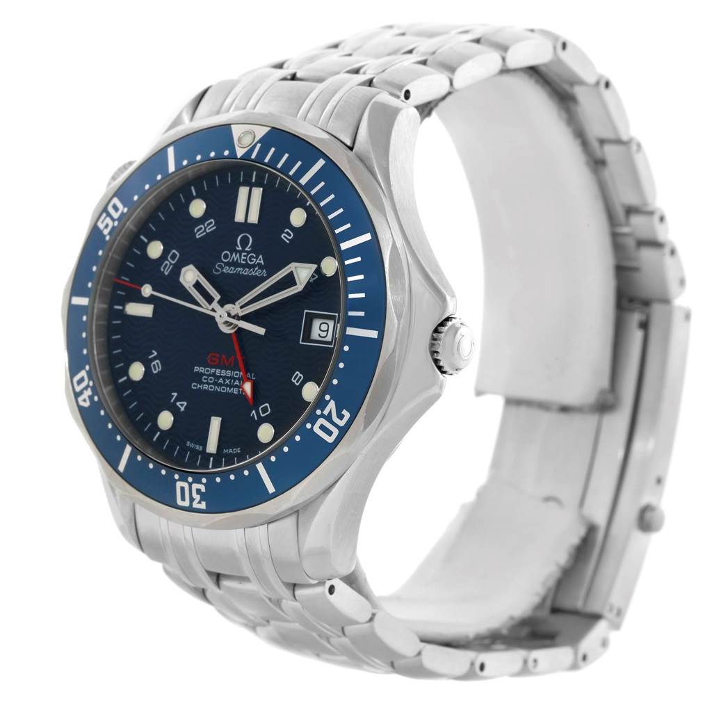 The Omega Seamaster 2535.80.00 Men
s Stainless Steel Blue Dial 2535.80.00 Men
s Stainless Steel Blue Dial watch is shown from a three-quarter angle, highlighting the face, bezel, and part of the metal bracelet.