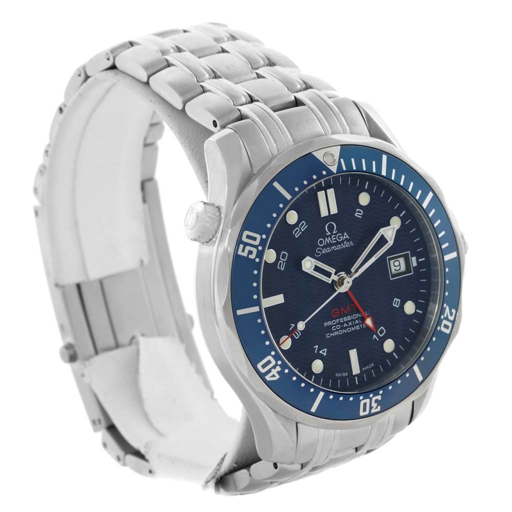 The Omega Seamaster 2535.80.00 Men
s Stainless Steel Blue Dial 2535.80.00 Men
s Stainless Steel Blue Dial watch is shown at a three-quarter angle, displaying the face, bezel, bracelet, and crown.