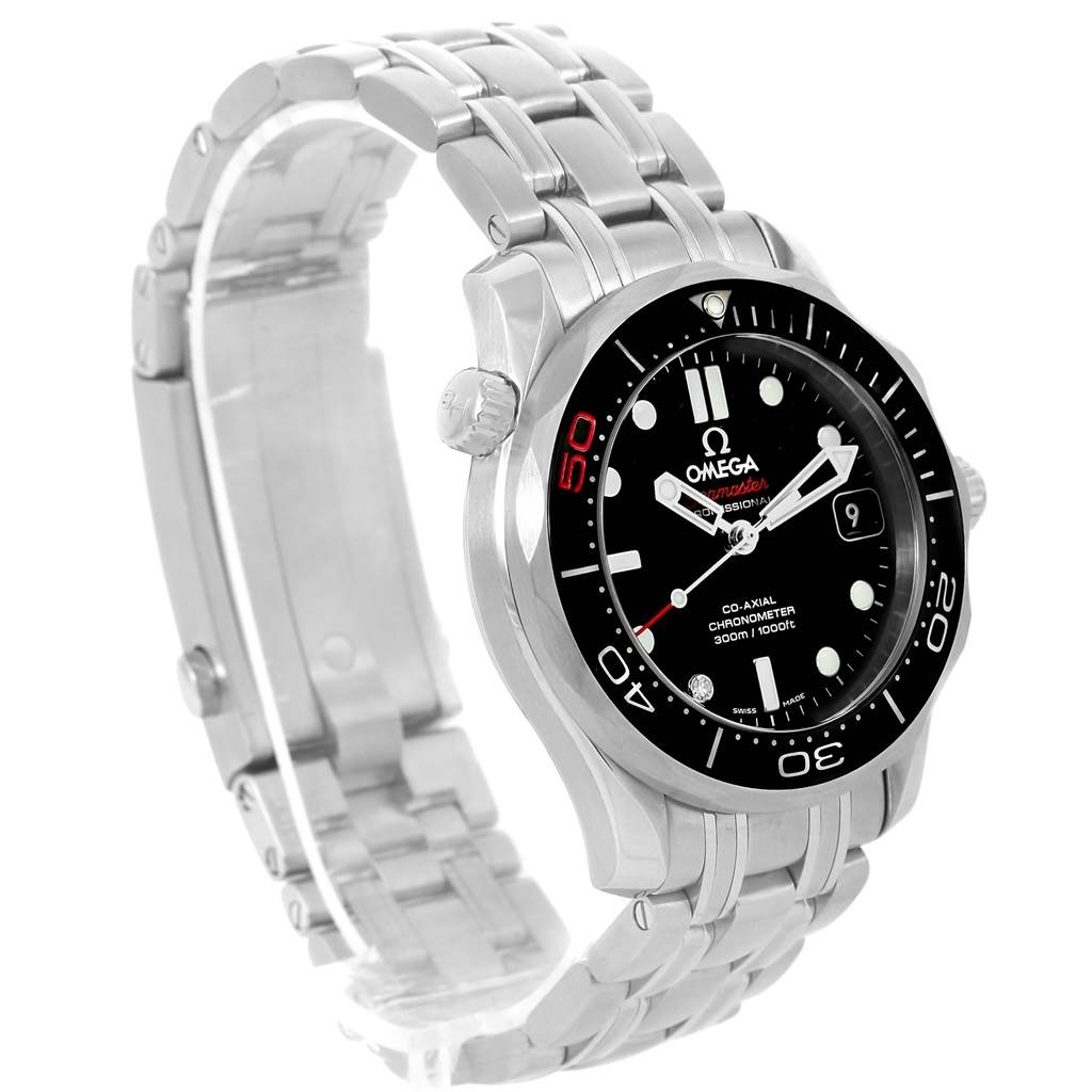 The Omega Seamaster 212.30.36.20.51.001 Men
s Stainless Steel Black Dial 212.30.36.20.51.001 Men
s Stainless Steel Black Dial watch is shown at a slight left angle, highlighting its face, crown, and stainless steel bracelet.