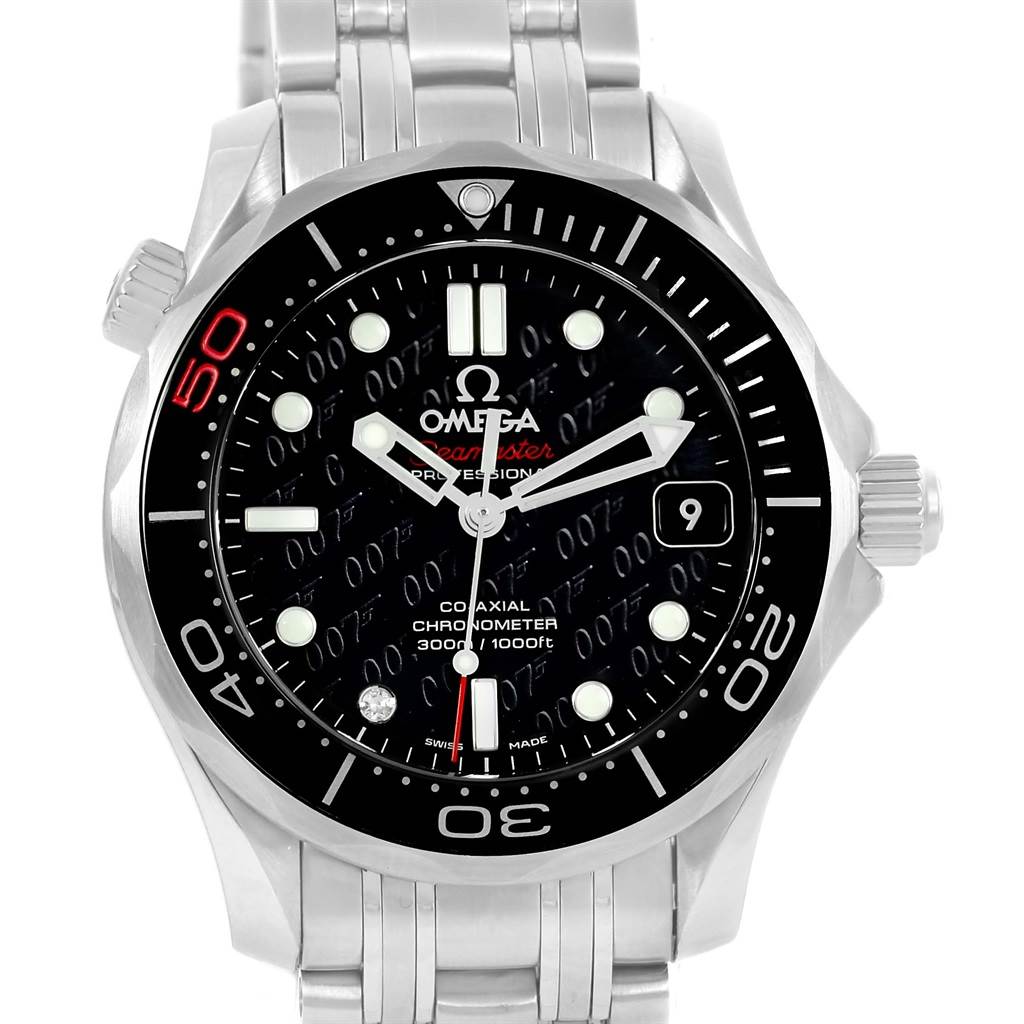The image shows a front view of the Omega Seamaster 212.30.36.20.51.001 Men
s Stainless Steel Black Dial 212.30.36.20.51.001 Men
s Stainless Steel Black Dial watch, displaying its bezel, dial, hands, date window, and part of the bracelet.