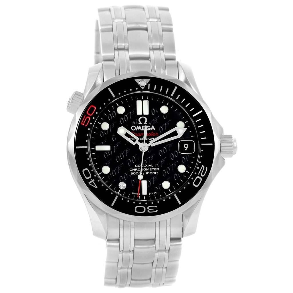 The image shows an Omega Seamaster 212.30.36.20.51.001 Men
s Stainless Steel Black Dial 212.30.36.20.51.001 Men
s Stainless Steel Black Dial watch from a front angle, displaying its black dial, date window, and stainless steel bracelet.