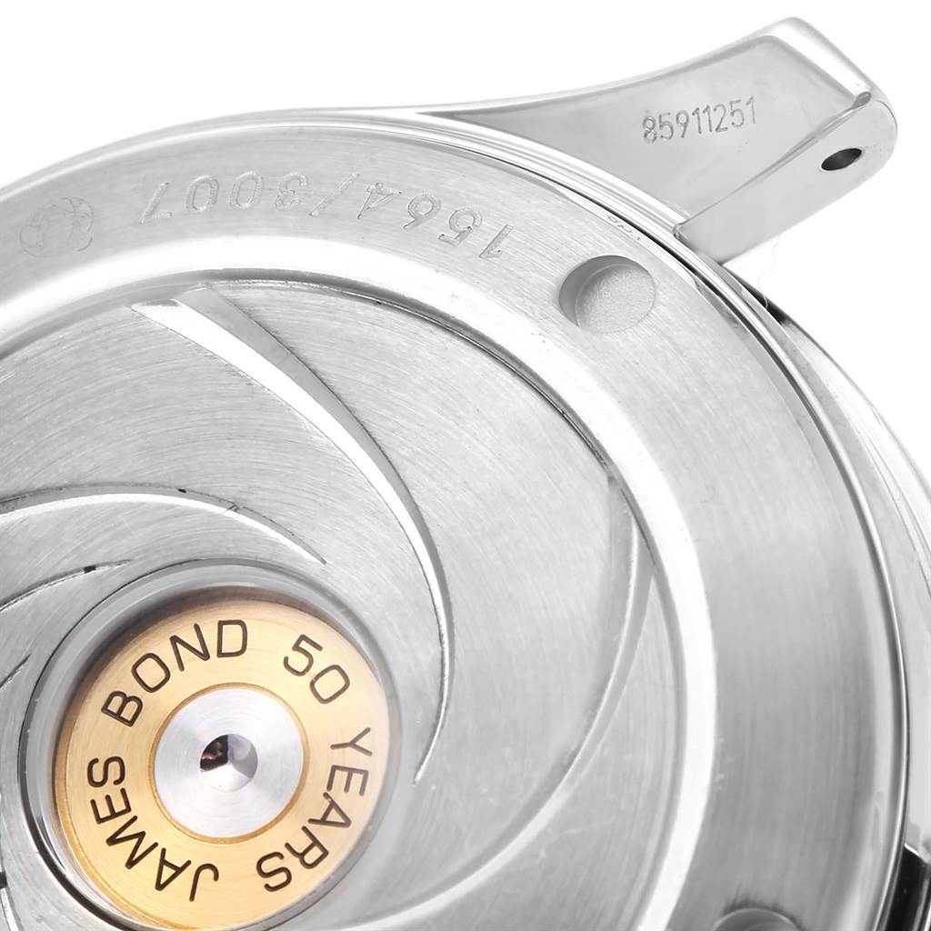 This close-up image of an Omega Seamaster 212.30.36.20.51.001 Men
s Stainless Steel Black Dial 212.30.36.20.51.001 Men
s Stainless Steel Black Dial watch shows an internal component, featuring "James Bond 50 Years" and serial numbers.