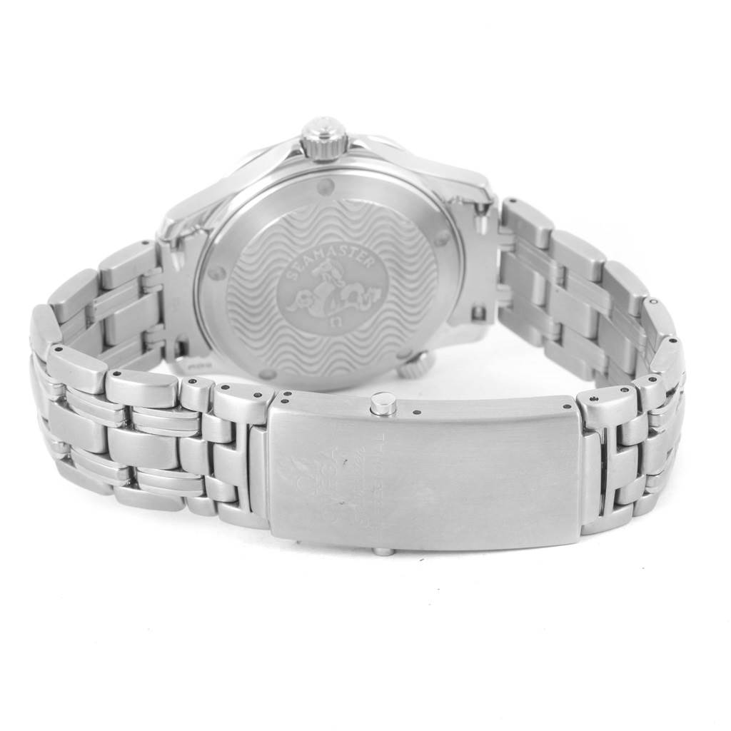 The image shows the back case and bracelet clasp of an Omega Seamaster 2561.80.00 Men
s Stainless Steel Blue Dial 2561.80.00 Men
s Stainless Steel Blue Dial watch.