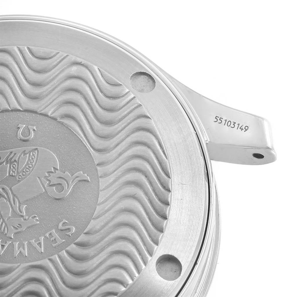 This image shows the engraved case back of an Omega Seamaster 2561.80.00 Men
s Stainless Steel Blue Dial 2561.80.00 Men
s Stainless Steel Blue Dial watch.