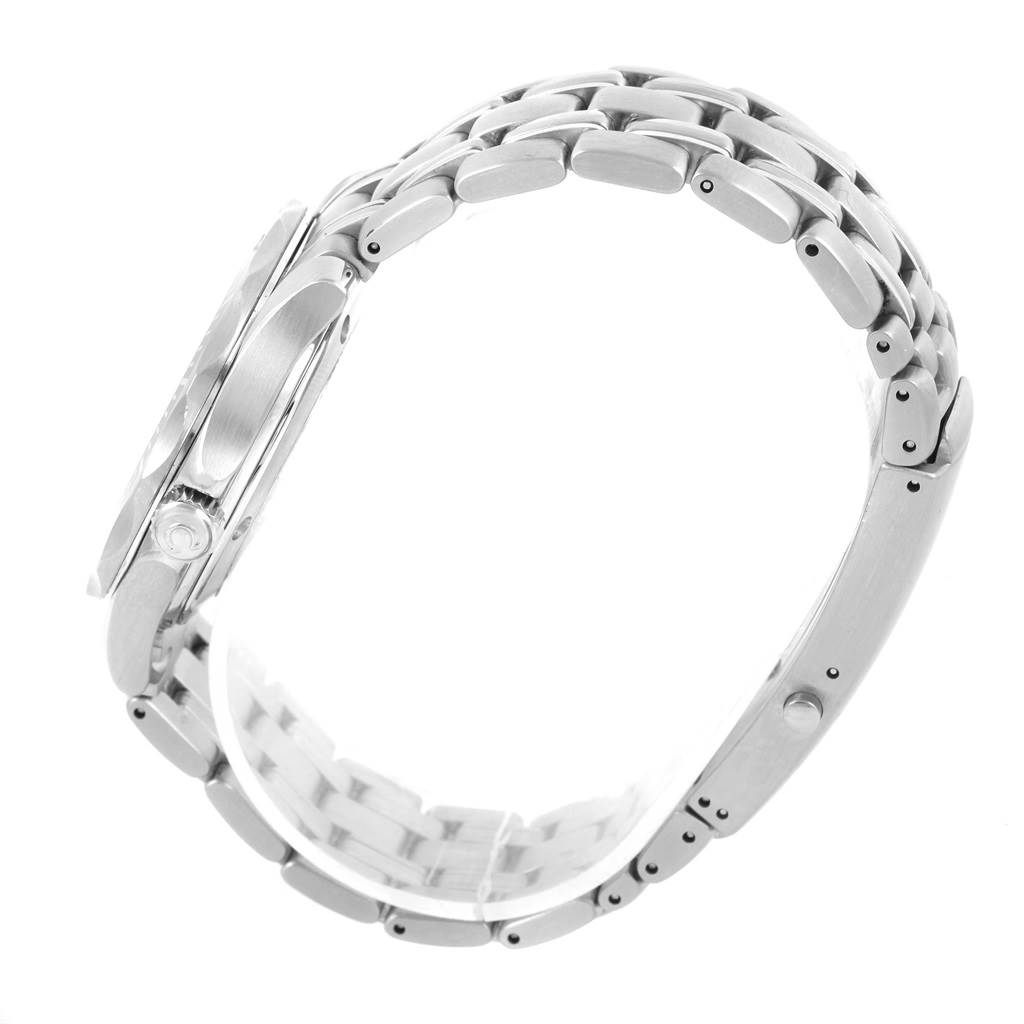 The image shows a side view of the Omega Seamaster 2561.80.00 Men
s Stainless Steel Blue Dial 2561.80.00 Men
s Stainless Steel Blue Dial watch, highlighting the metallic case, bracelet, and crown.