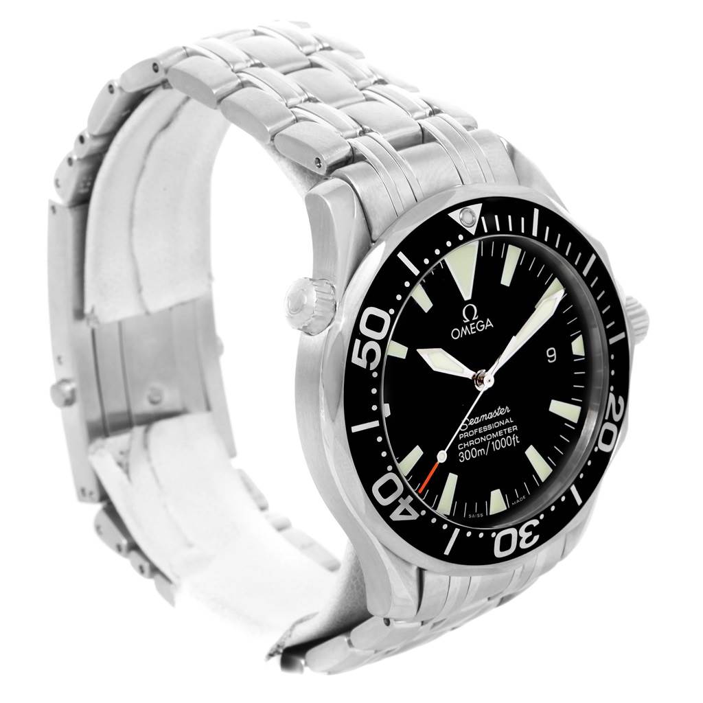 The image shows an Omega Seamaster 2254.50.00 Men
s Stainless Steel Black Dial 2254.50.00 Men
s Stainless Steel Black Dial watch from a front-left angle, highlighting the face, bezel, and metallic bracelet.