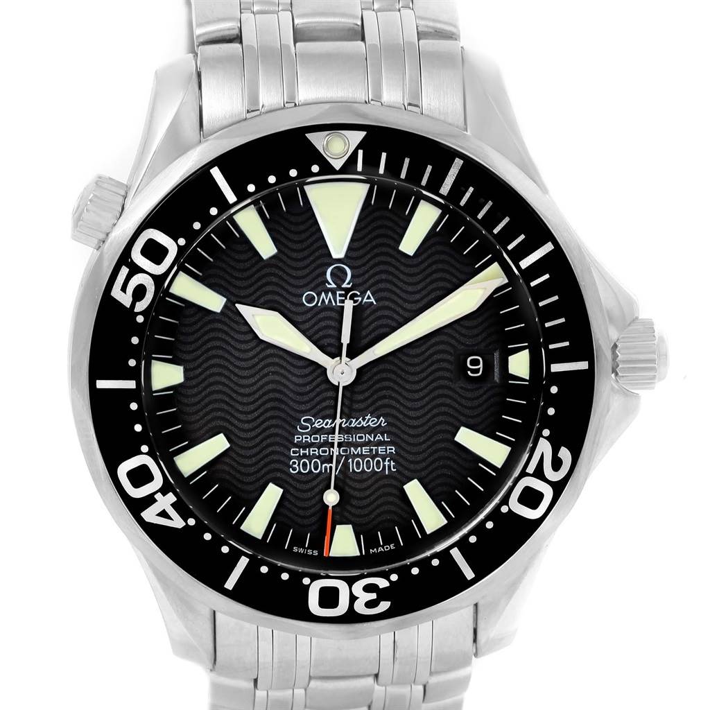 The image shows a front view of an Omega Seamaster 2254.50.00 Men
s Stainless Steel Black Dial 2254.50.00 Men
s Stainless Steel Black Dial watch, displaying the dial, bezel, and bracelet.