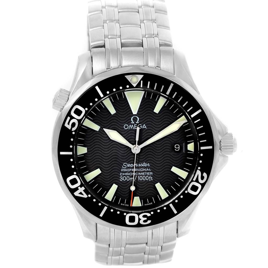 The image shows a front view of an Omega Seamaster 2254.50.00 Men
s Stainless Steel Black Dial 2254.50.00 Men
s Stainless Steel Black Dial watch, displaying its dial, bezel, and bracelet.