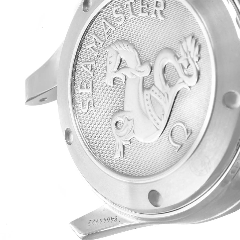 The image shows the back case of an Omega Seamaster 2222.80.00 Men
s Stainless Steel Blue Dial 2222.80.00 Men
s Stainless Steel Blue Dial watch, displaying the engraved seahorse and model name.