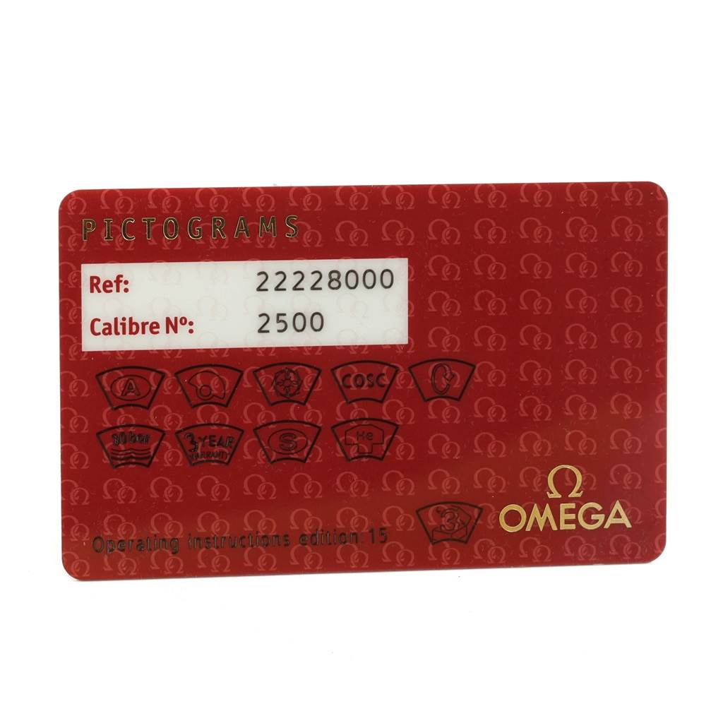 The image shows the front view of a pictogram card for the Omega Seamaster 2222.80.00 Men
s Stainless Steel Blue Dial 2222.80.00 Men
s Stainless Steel Blue Dial watch model.