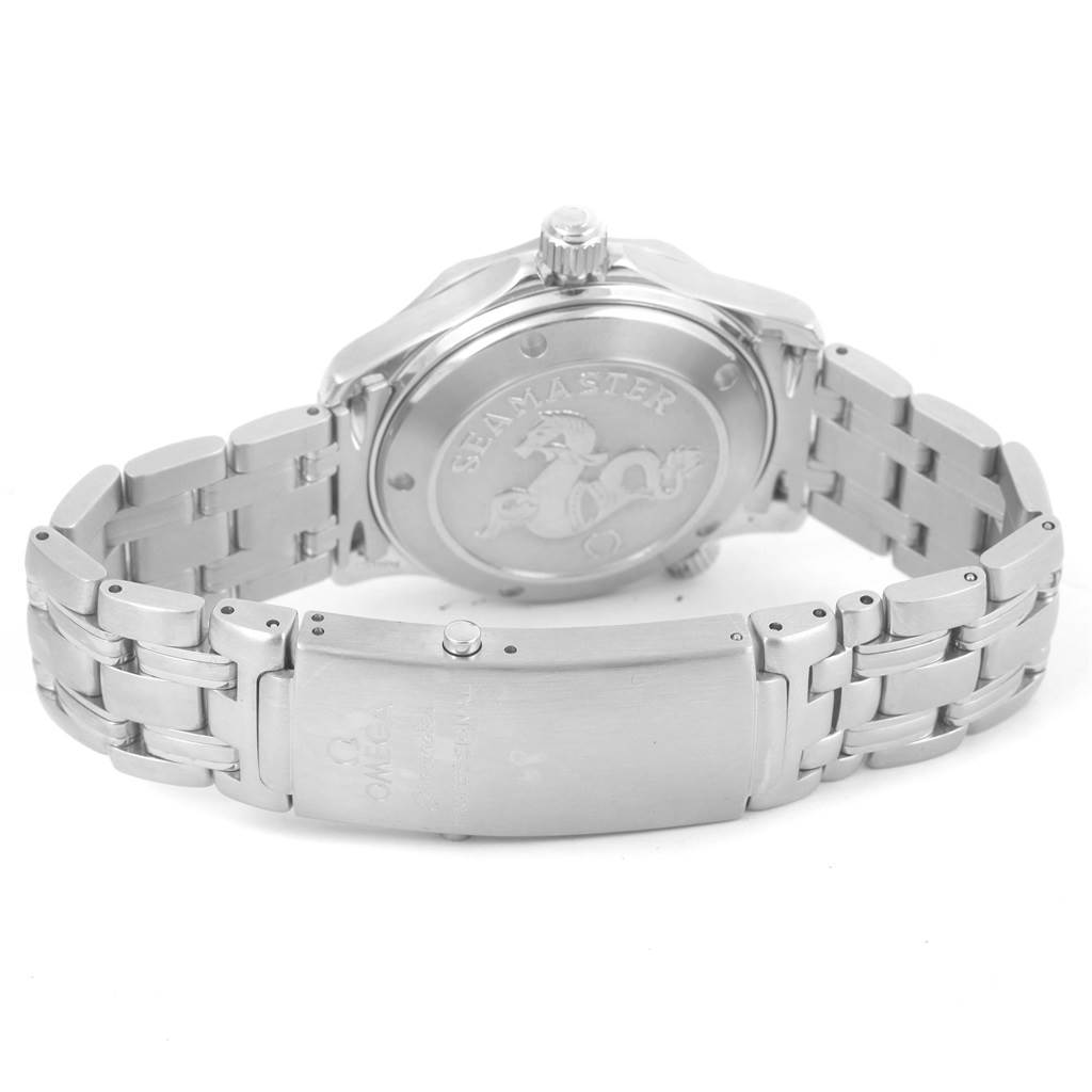 The image shows the back case and bracelet of an Omega Seamaster 2222.80.00 Men
s Stainless Steel Blue Dial 2222.80.00 Men
s Stainless Steel Blue Dial watch from a rear angle.