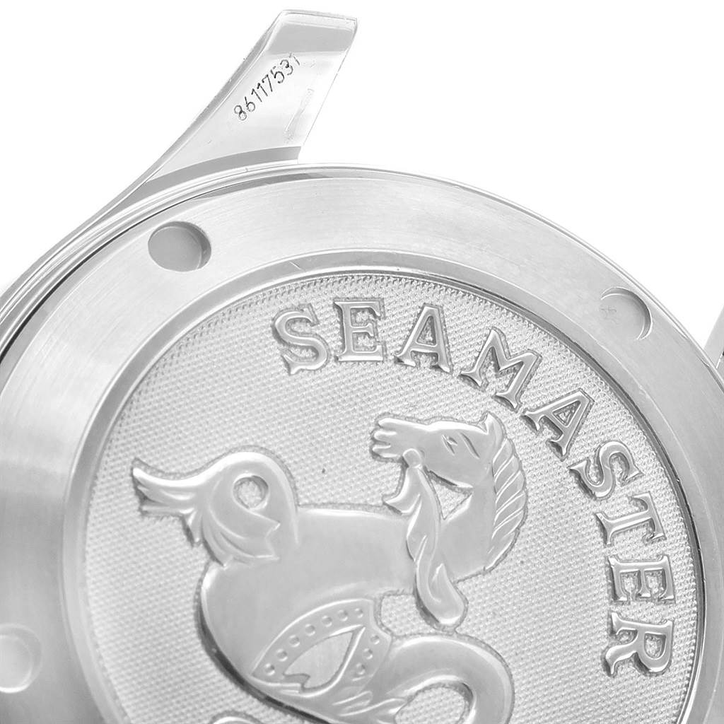 The image shows a close-up of the case back of the Omega Seamaster 2222.80.00 Men's Stainless Steel Blue Dial 2222.80.00 Men's Stainless Steel Blue Dial watch, featuring the engraved emblem and model name.