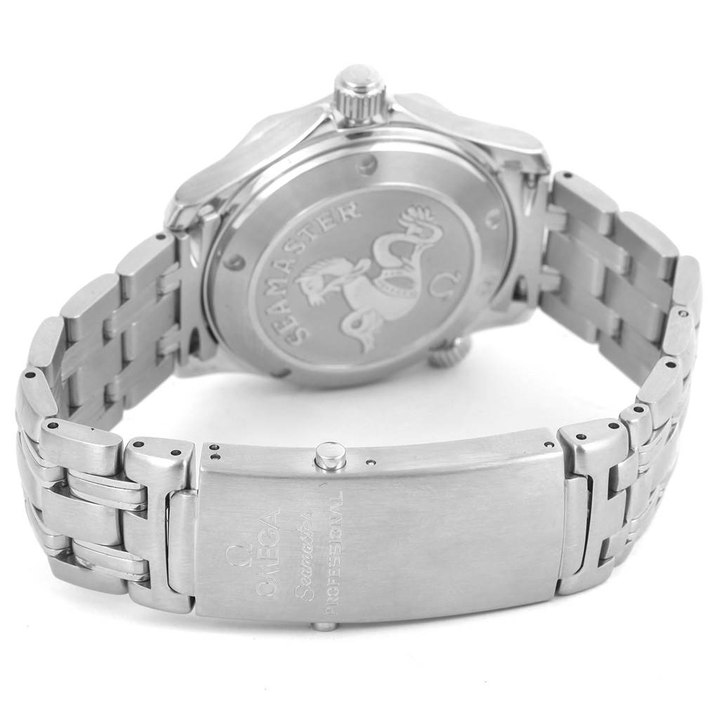 The image shows the back view of an Omega Seamaster 2222.80.00 Men's Stainless Steel Blue Dial 2222.80.00 Men's Stainless Steel Blue Dial watch, focusing on its case back and metal bracelet with clasp.