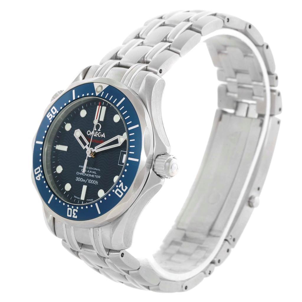 The Omega Seamaster 2222.80.00 Men's Stainless Steel Blue Dial 2222.80.00 Men's Stainless Steel Blue Dial watch is shown at a front angle, displaying its face, bezel, crown, and metal bracelet.