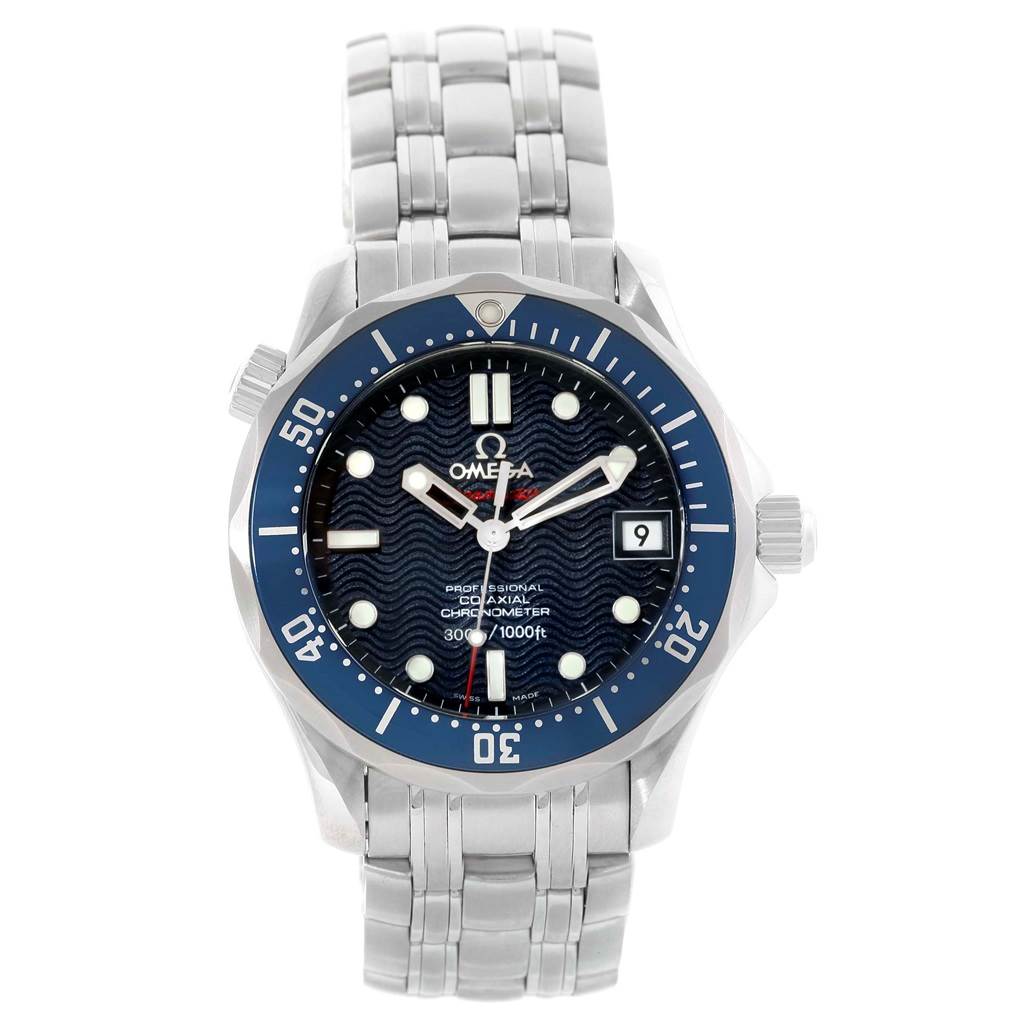 The Omega Seamaster 2222.80.00 Men's Stainless Steel Blue Dial 2222.80.00 Men's Stainless Steel Blue Dial watch is shown from a top-down angle, displaying the face, bezel, bracelet, and crown.