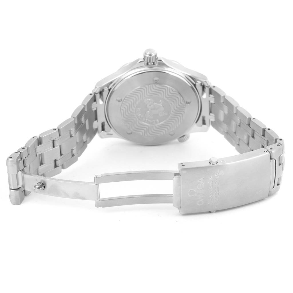 The image shows the back case, bracelet, and clasp of the Omega Seamaster 2531.80.00 Men
s Stainless Steel Blue Dial 2531.80.00 Men
s Stainless Steel Blue Dial watch at an angle that highlights its engraved details.