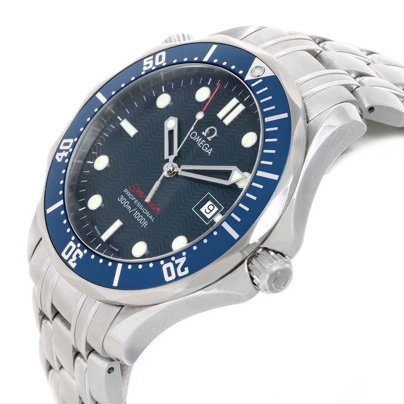 The image shows a three-quarter view of an Omega Seamaster 2221.80.00 Men
s Stainless Steel Blue Dial 2221.80.00 Men
s Stainless Steel Blue Dial watch, highlighting the dial, bezel, and stainless steel bracelet.