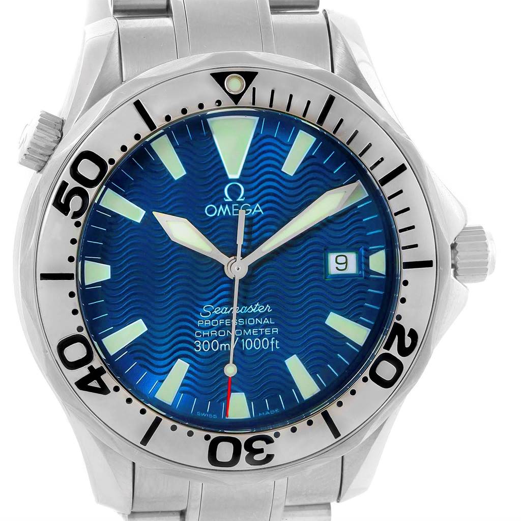 The image shows a close-up of an Omega Seamaster 2255.80.00 Men
s Stainless Steel Blue Dial 2255.80.00 Men
s Stainless Steel Blue Dial watch, highlighting the blue dial, bezel, crown, and part of the bracelet.