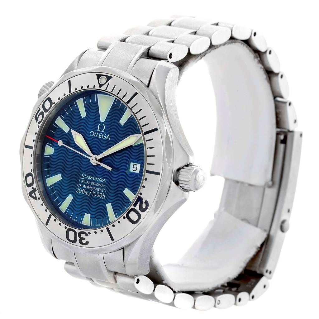 The image shows an Omega Seamaster 2255.80.00 Men
s Stainless Steel Blue Dial 2255.80.00 Men
s Stainless Steel Blue Dial watch from a front-left angle, highlighting the face, bezel, crown, and metal bracelet.
