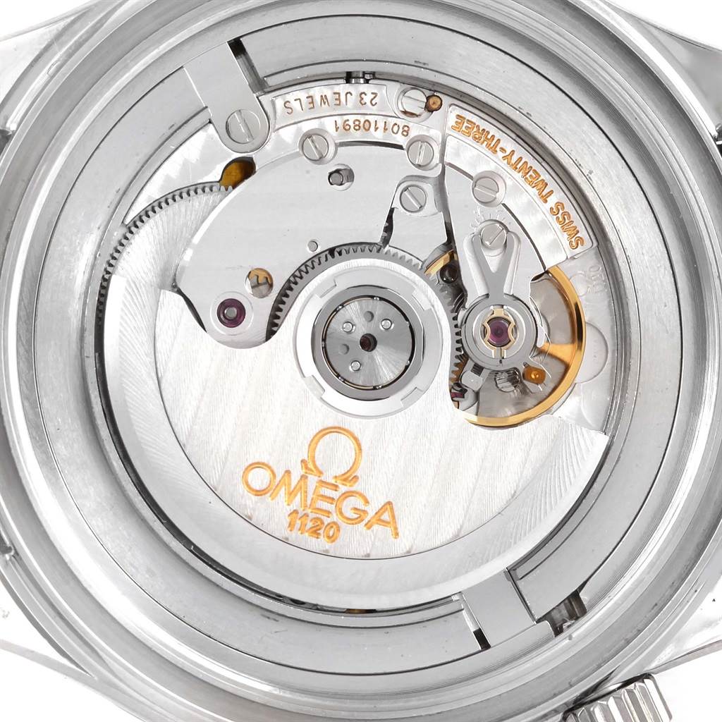The image shows a close-up of the movement mechanism of an Omega Seamaster 2255.80.00 Men
s Stainless Steel Blue Dial 2255.80.00 Men
s Stainless Steel Blue Dial watch.