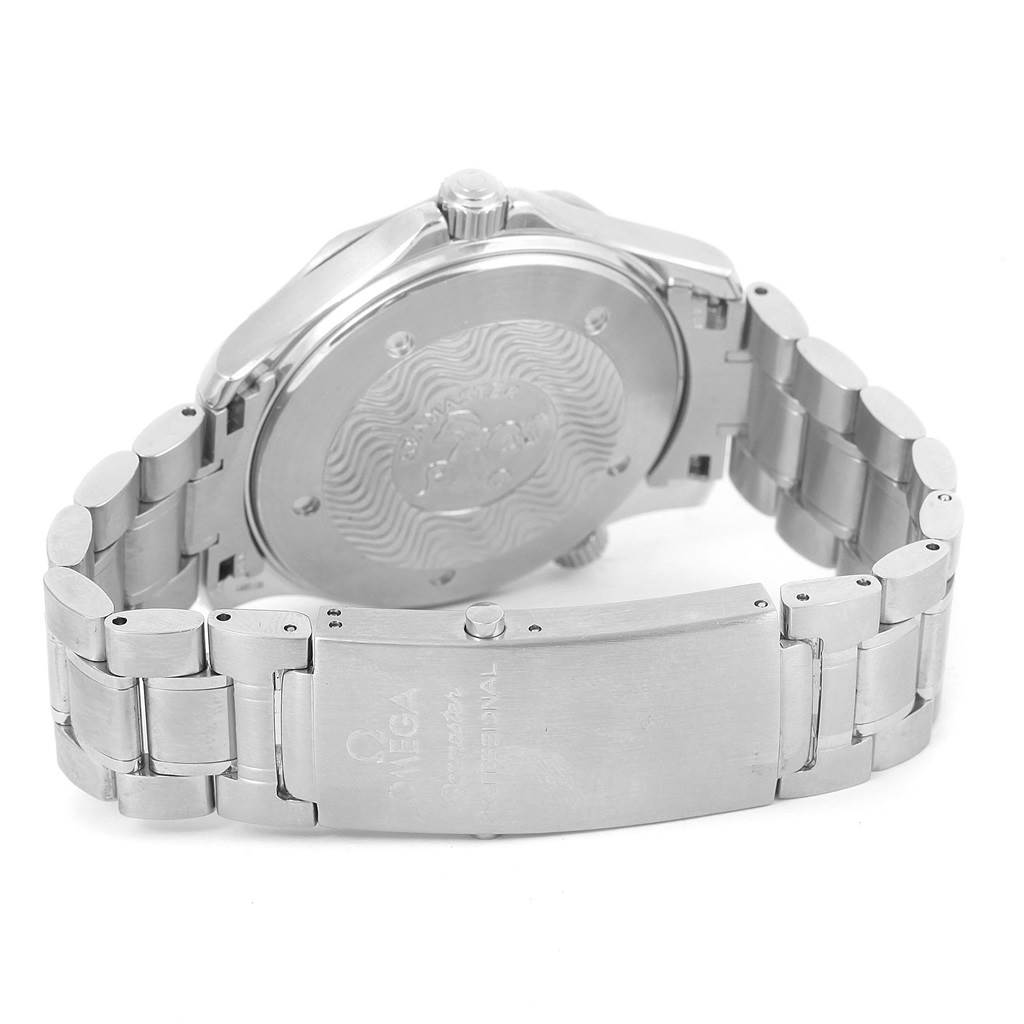 The image shows the back view of an Omega Seamaster 2255.80.00 Men
s Stainless Steel Blue Dial 2255.80.00 Men
s Stainless Steel Blue Dial watch, highlighting the case back and stainless steel bracelet with clasp.