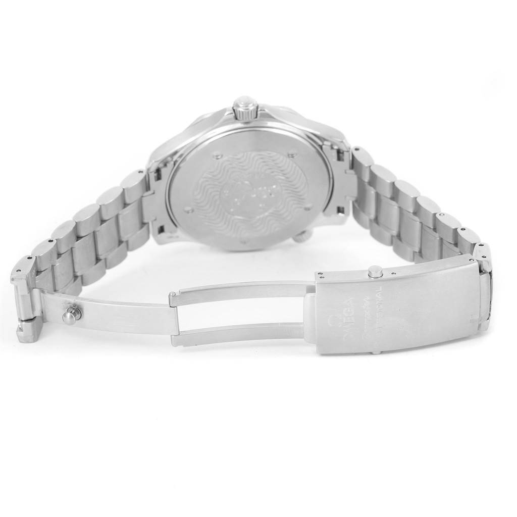 The image shows the back and bracelet of an Omega Seamaster 2255.80.00 Men
s Stainless Steel Blue Dial 2255.80.00 Men
s Stainless Steel Blue Dial watch, with the clasp and buckle open.