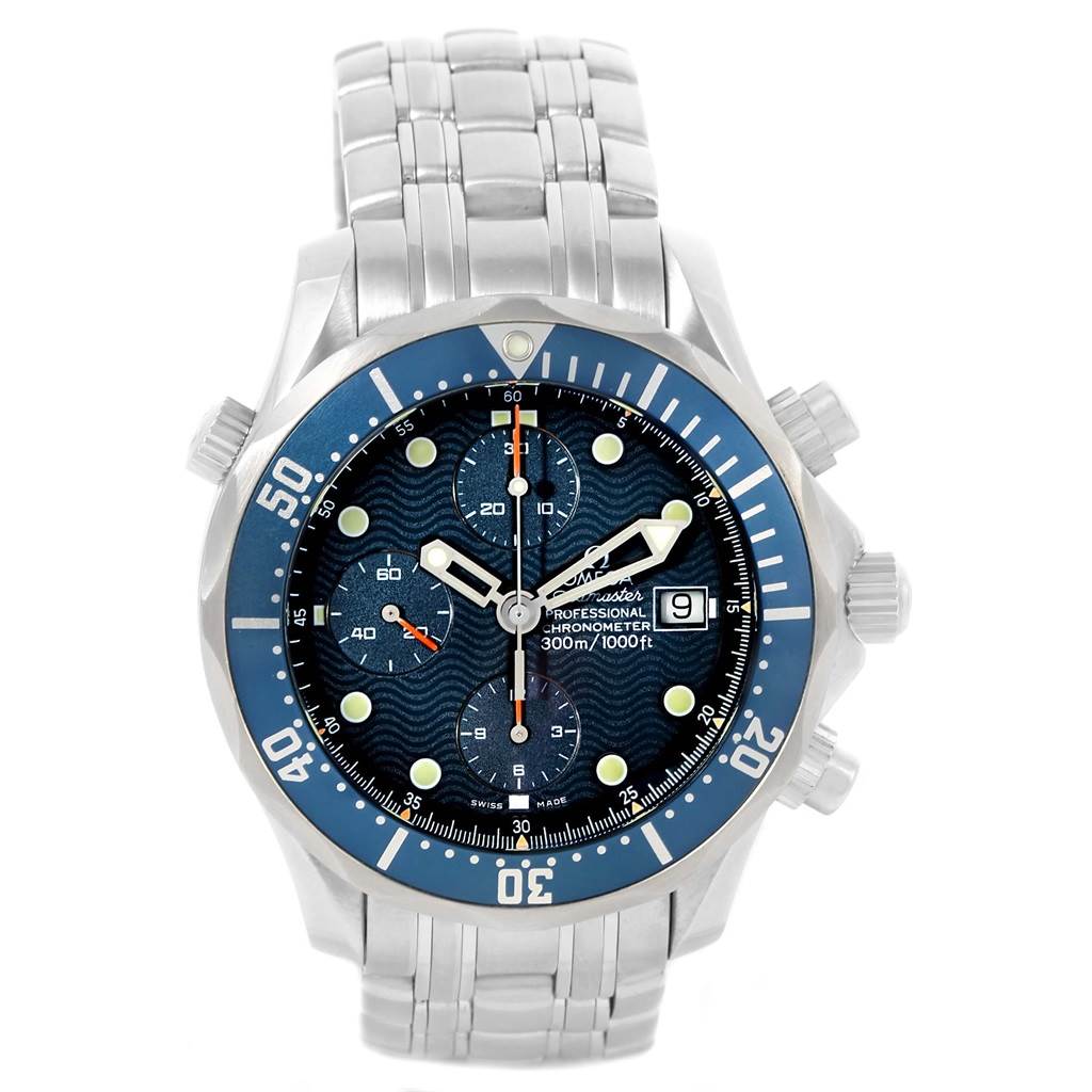 The image shows a frontal view of the Omega Seamaster 2599.80.00 Men
s Stainless Steel Blue Dial 2599.80.00 Men
s Stainless Steel Blue Dial watch, highlighting its blue dial, bezel, subdials, and metal bracelet.