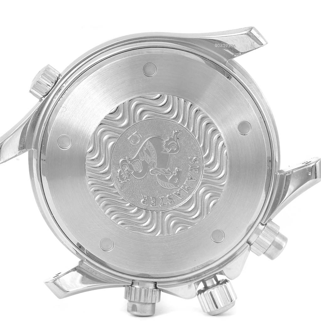 The image shows the back case of the Omega Seamaster 2599.80.00 Men
s Stainless Steel Blue Dial 2599.80.00 Men
s Stainless Steel Blue Dial watch, including the crown and pushers.