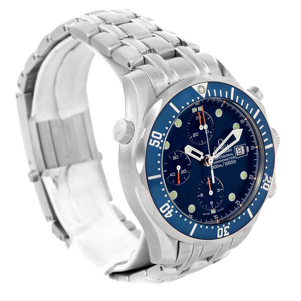 The image shows an angled side view of the Omega Seamaster 2599.80.00 Men
s Stainless Steel Blue Dial 2599.80.00 Men
s Stainless Steel Blue Dial watch, highlighting the face, bezel, and part of the strap.