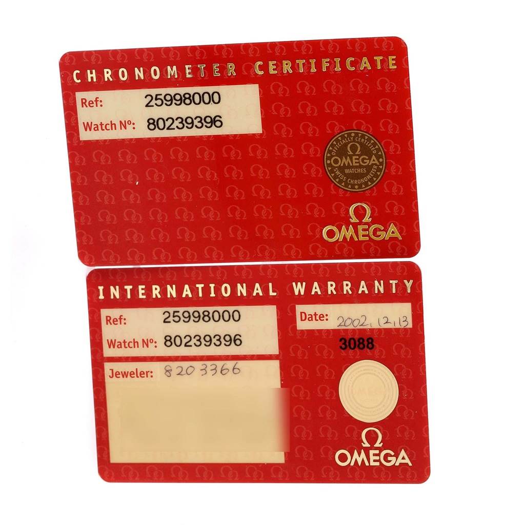 The image shows the Chronometer Certificate and International Warranty cards for the Omega Seamaster 2599.80.00 Men
s Stainless Steel Blue Dial 2599.80.00 Men
s Stainless Steel Blue Dial watch model.