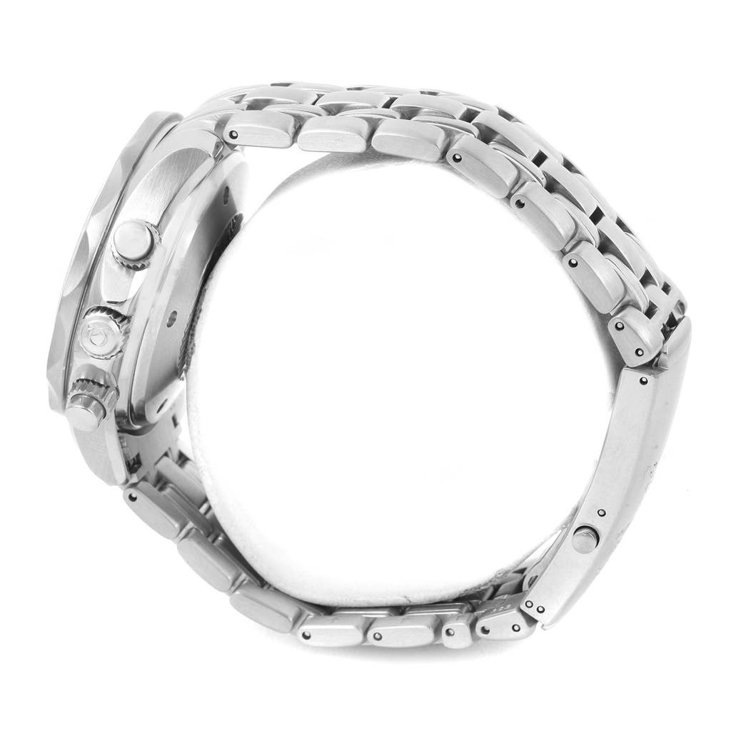 The image shows a side view of an Omega Seamaster 2599.80.00 Men
s Stainless Steel Blue Dial 2599.80.00 Men
s Stainless Steel Blue Dial watch focusing on the stainless steel bracelet, case, and crown.