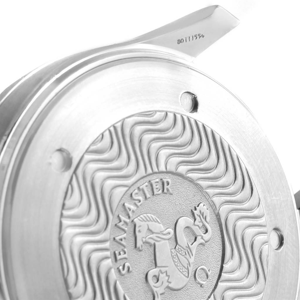 This image shows a close-up of the back case of an Omega Seamaster 2531.80.00 Men
s Stainless Steel Blue Dial 2531.80.00 Men
s Stainless Steel Blue Dial watch from an angled side view.