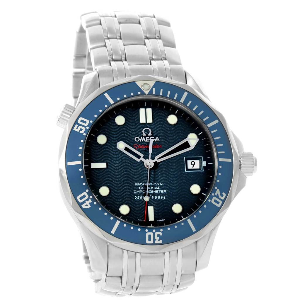 The image shows a front view of the Omega Seamaster 2220.80.00 Men's Stainless Steel Blue Dial 2220.80.00 Men's Stainless Steel Blue Dial watch, highlighting its face, bezel, bracelet, and crown.