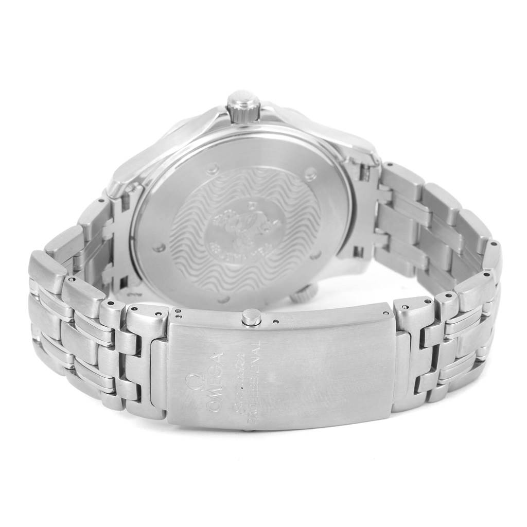 The image shows the back case and bracelet clasp of an Omega Seamaster 2531.80.00 Men
s Stainless Steel Blue Dial 2531.80.00 Men
s Stainless Steel Blue Dial watch, viewed from a rear angle.