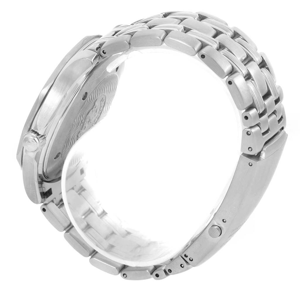 The image shows a side view of the Omega Seamaster 2531.80.00 Men
s Stainless Steel Blue Dial 2531.80.00 Men
s Stainless Steel Blue Dial watch, highlighting its metal bracelet and case back.