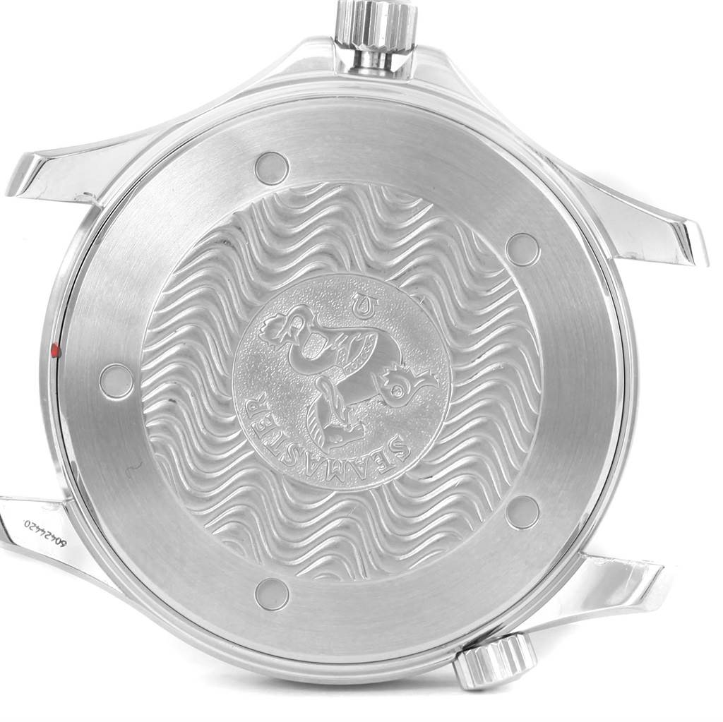 The image shows the back case of an Omega Seamaster 2531.80.00 Men
s Stainless Steel Blue Dial 2531.80.00 Men
s Stainless Steel Blue Dial watch, featuring the engraved logo and wave pattern.