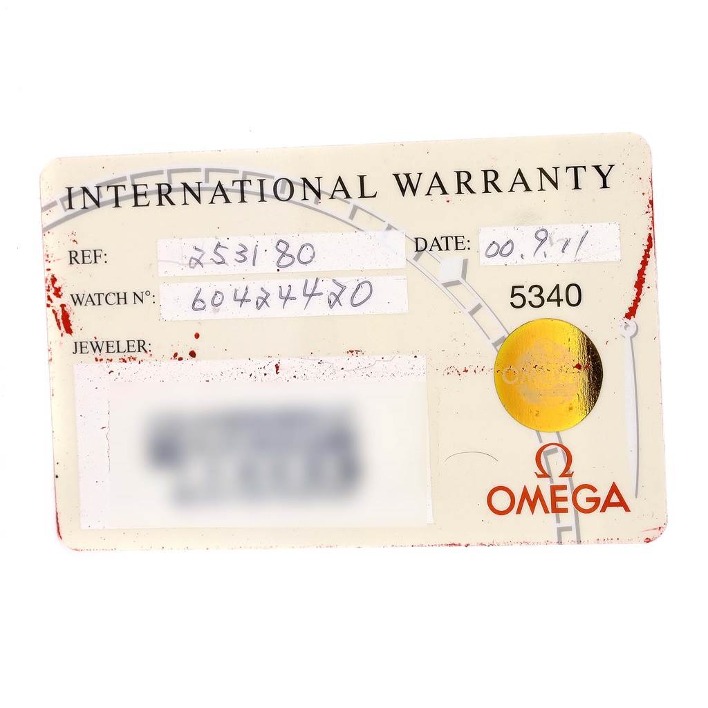 The image shows the international warranty card for an Omega Seamaster 2531.80.00 Men
s Stainless Steel Blue Dial 2531.80.00 Men
s Stainless Steel Blue Dial watch.