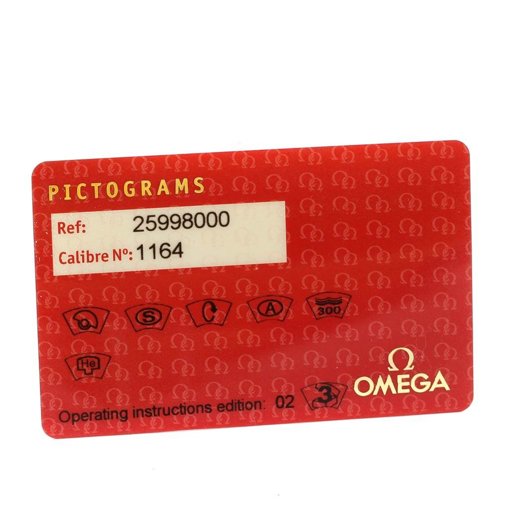 This is an Omega Seamaster 2599.80.00 Men
s Stainless Steel Blue Dial 2599.80.00 Men
s Stainless Steel Blue Dial warranty card showing the reference number, calibre number, and various pictograms.