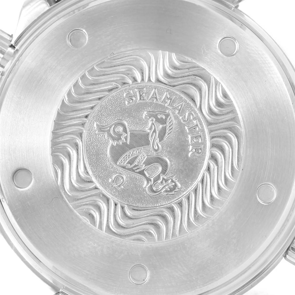 This image shows the back case of an Omega Seamaster 2599.80.00 Men
s Stainless Steel Blue Dial 2599.80.00 Men
s Stainless Steel Blue Dial watch, featuring its engraved design and logo.