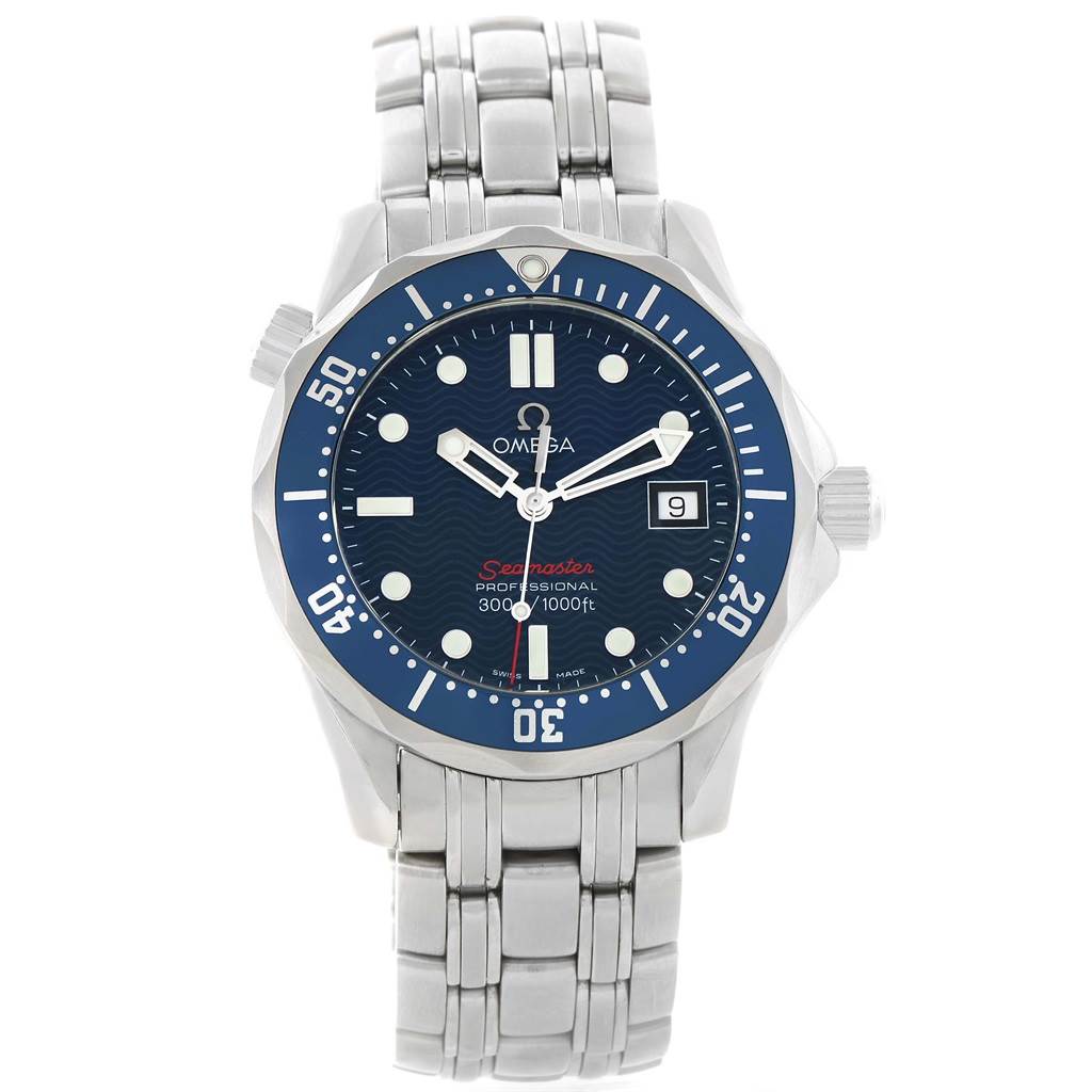 The image shows a front view of an Omega Seamaster 2223.80.00 Men's Stainless Steel Blue Dial 2223.80.00 Men's Stainless Steel Blue Dial watch, displaying its face, bezel, and metal bracelet.