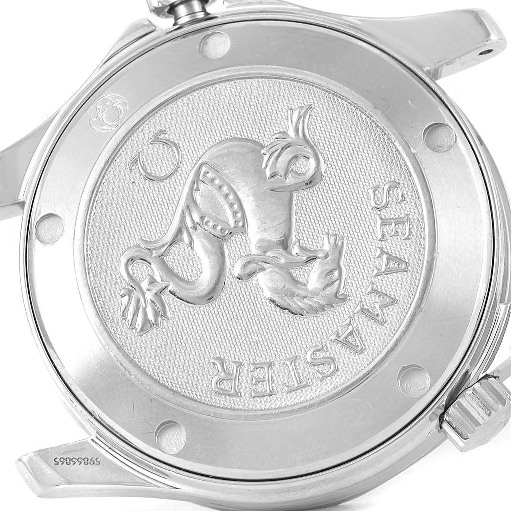 The image shows the case back of an Omega Seamaster 2223.80.00 Men's Stainless Steel Blue Dial 2223.80.00 Men's Stainless Steel Blue Dial watch, featuring its signature emblem and logo.