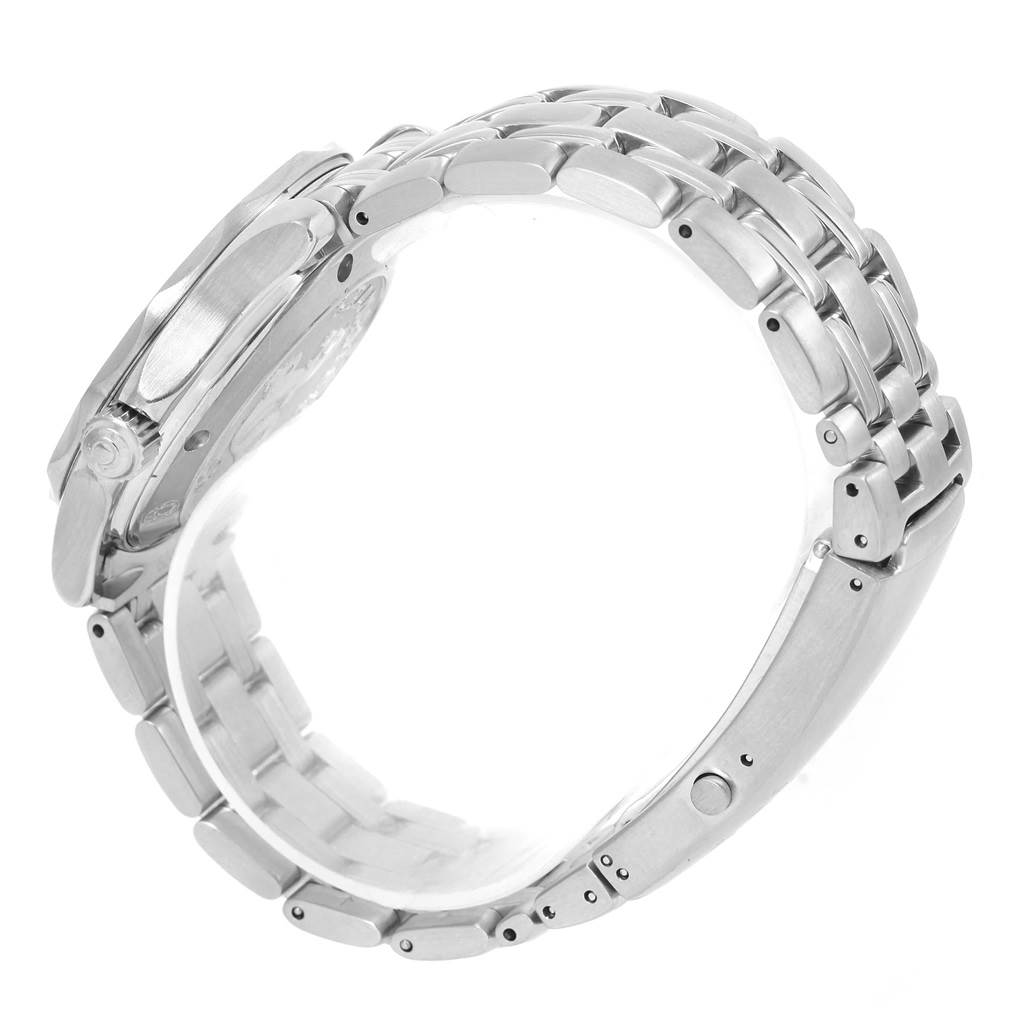 The image shows the side profile and stainless steel bracelet of an Omega Seamaster 2223.80.00 Men's Stainless Steel Blue Dial 2223.80.00 Men's Stainless Steel Blue Dial watch.