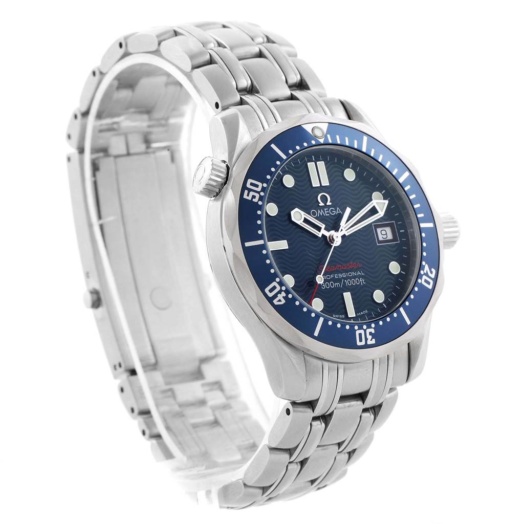 The Omega Seamaster 2223.80.00 Men's Stainless Steel Blue Dial 2223.80.00 Men's Stainless Steel Blue Dial watch is shown at an angled view, highlighting its face, bezel, crown, and metal bracelet.