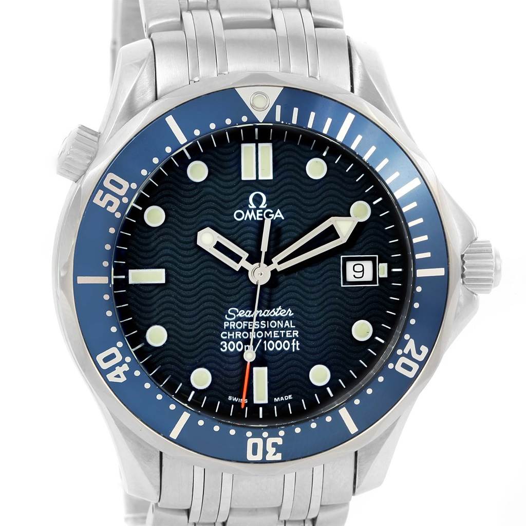 The Omega Seamaster 2531.80.00 Men
s Stainless Steel Blue Dial 2531.80.00 Men
s Stainless Steel Blue Dial watch is shown from a front angle, displaying its face, bezel, and part of the bracelet.