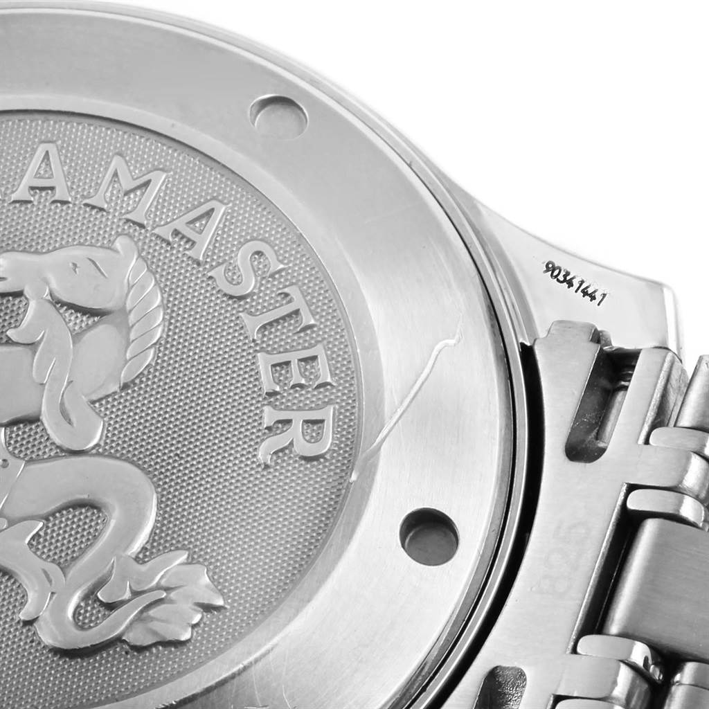 The image shows the back case and part of the bracelet of an Omega Seamaster 2221.80.00 Men
s Stainless Steel Blue Dial 2221.80.00 Men
s Stainless Steel Blue Dial watch.